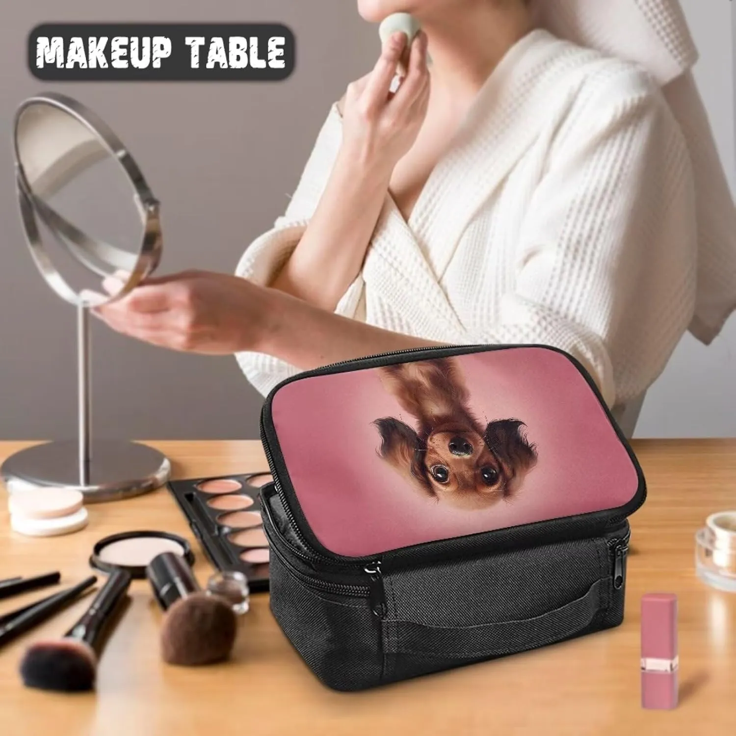 Cute Puppy Makeup Organizer Case Cosmetics Organizer Bag with Zipper Make Up Bags for Women Lightweight Cosmetic Brush Bags With A Reinforced Handle Easy To Carry