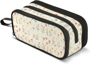 Cute Spring Flowers Rustic Beige Nylon Teen Pencil Bag Big Capacity Pencil Storage Case School Stationery for Preppy School Teen Girls