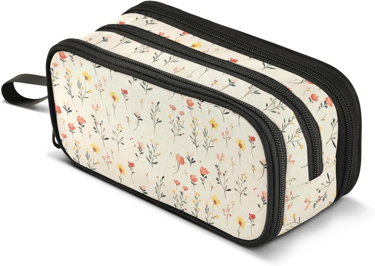Cute Spring Flowers Rustic Beige Nylon Teen Pencil Bag Big Capacity Pencil Storage Case School Stationery for Preppy School Teen Girls