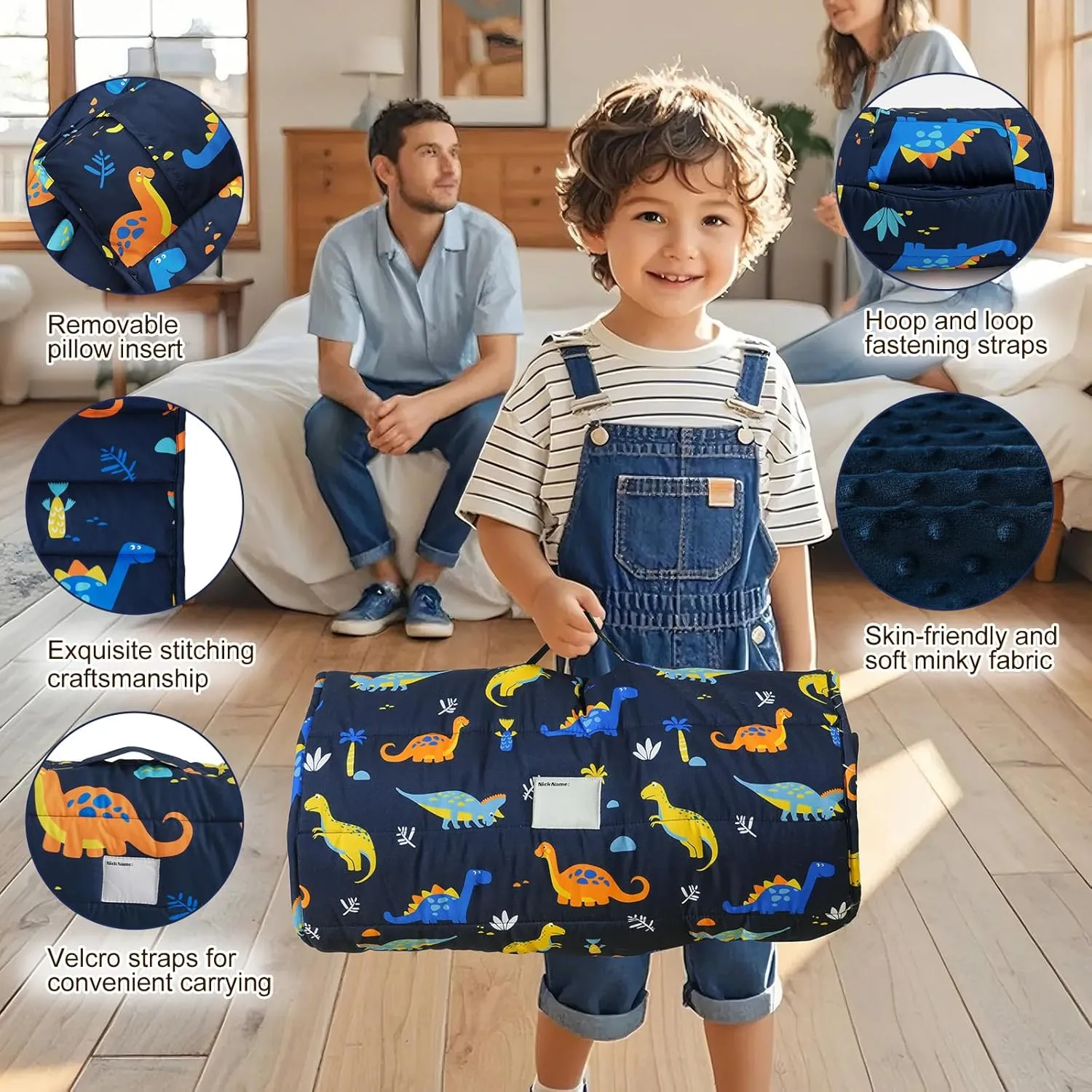 david's kids Toddler Nap Mat with Removable Pillow and Minky Fleece Blanket, Ultra Soft Slumber Bags for Boys, Perfect for Preschool, Daycare, Kids Sleeping Bags with Rollup Design, 50"x20", Dinosaur