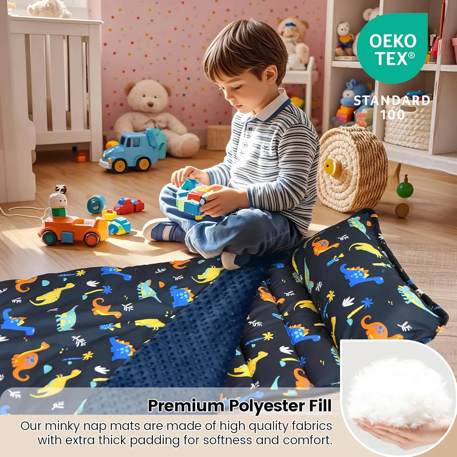 david's kids Toddler Nap Mat with Removable Pillow and Minky Fleece Blanket, Ultra Soft Slumber Bags for Boys, Perfect for Preschool, Daycare, Kids Sleeping Bags with Rollup Design, 50"x20", Dinosaur
