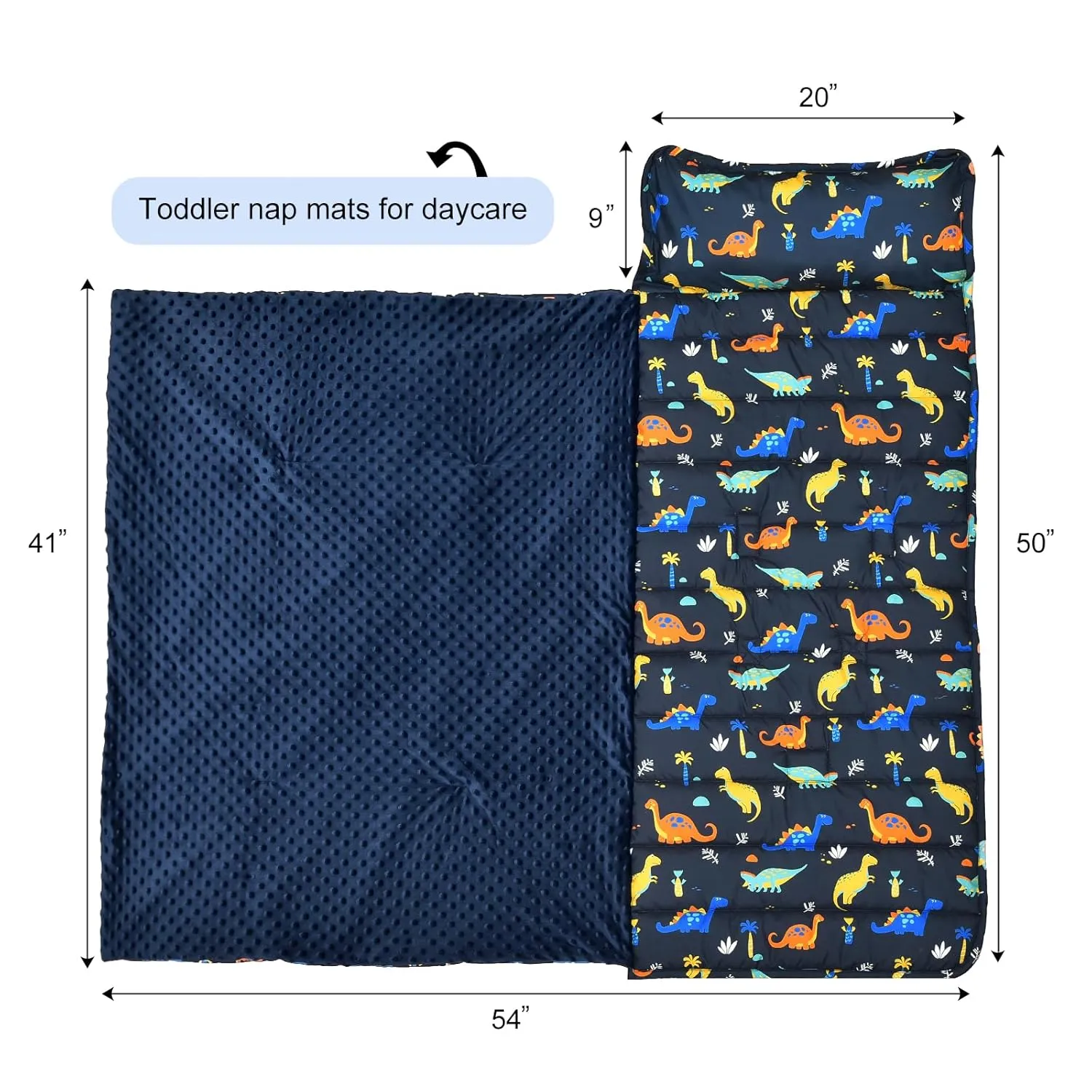 david's kids Toddler Nap Mat with Removable Pillow and Minky Fleece Blanket, Ultra Soft Slumber Bags for Boys, Perfect for Preschool, Daycare, Kids Sleeping Bags with Rollup Design, 50"x20", Dinosaur