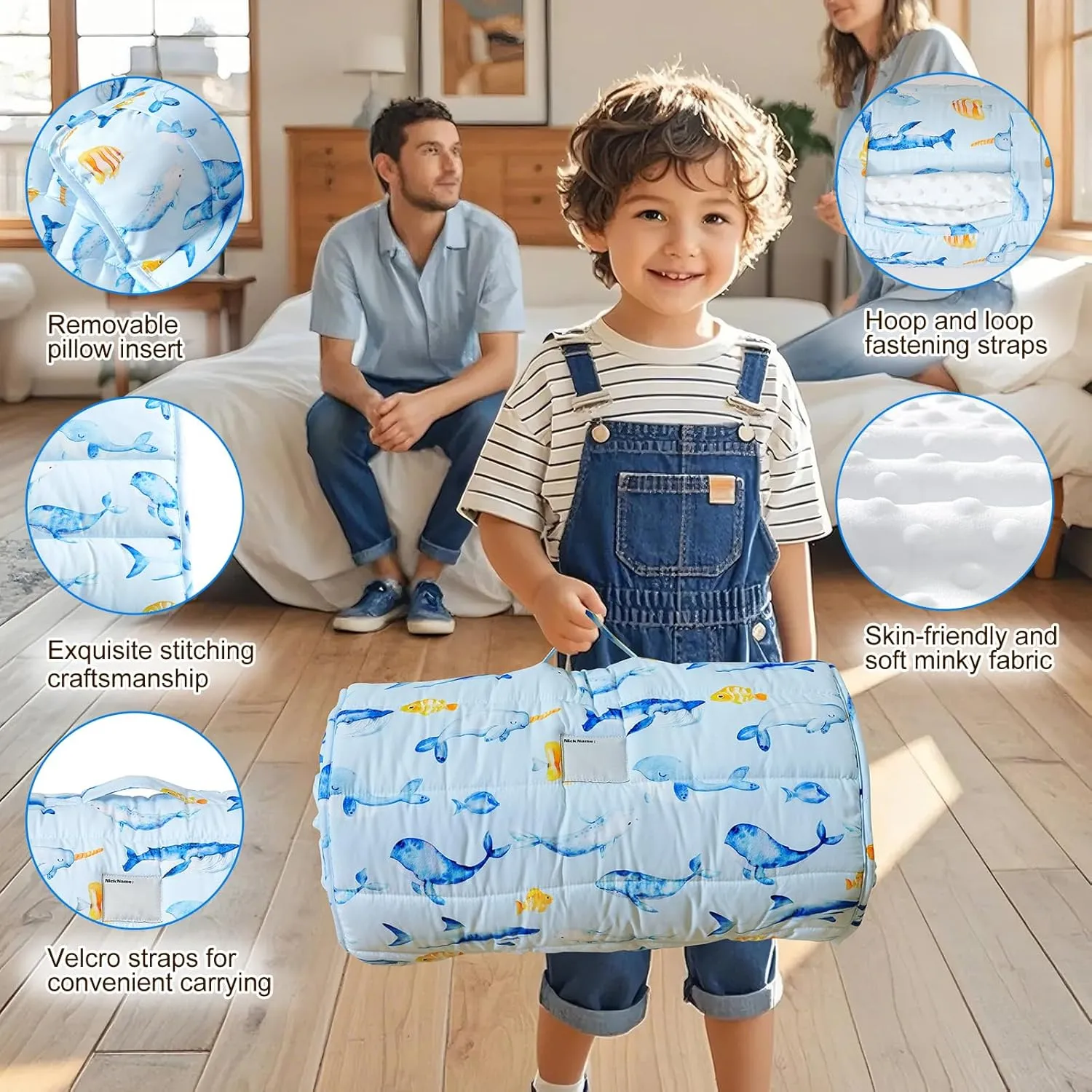 david's kids Toddler Nap Mat with Removable Pillow and Minky Fleece Blanket, Ultra Soft Slumber Bags for Boys, Perfect for Preschool, Daycare, Kids Sleeping Bags with Rollup Design, 50"x20", Whale