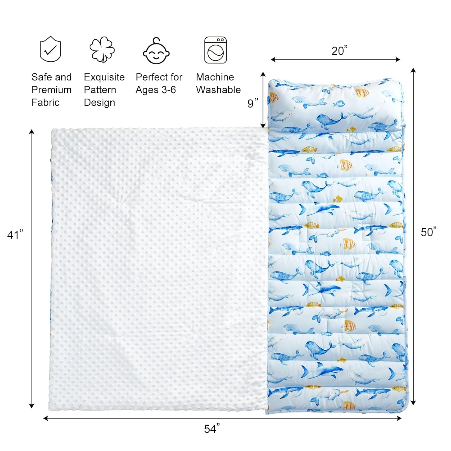 david's kids Toddler Nap Mat with Removable Pillow and Minky Fleece Blanket, Ultra Soft Slumber Bags for Boys, Perfect for Preschool, Daycare, Kids Sleeping Bags with Rollup Design, 50"x20", Whale