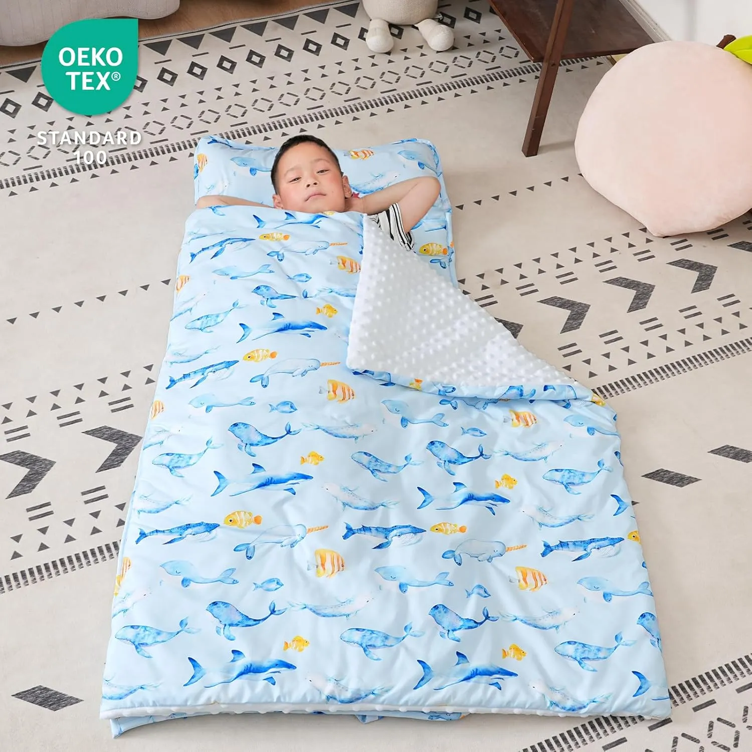 david's kids Toddler Nap Mat with Removable Pillow and Minky Fleece Blanket, Ultra Soft Slumber Bags for Boys, Perfect for Preschool, Daycare, Kids Sleeping Bags with Rollup Design, 50"x20", Whale