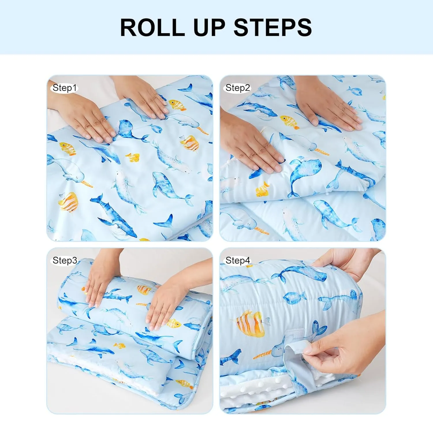 david's kids Toddler Nap Mat with Removable Pillow and Minky Fleece Blanket, Ultra Soft Slumber Bags for Boys, Perfect for Preschool, Daycare, Kids Sleeping Bags with Rollup Design, 50"x20", Whale