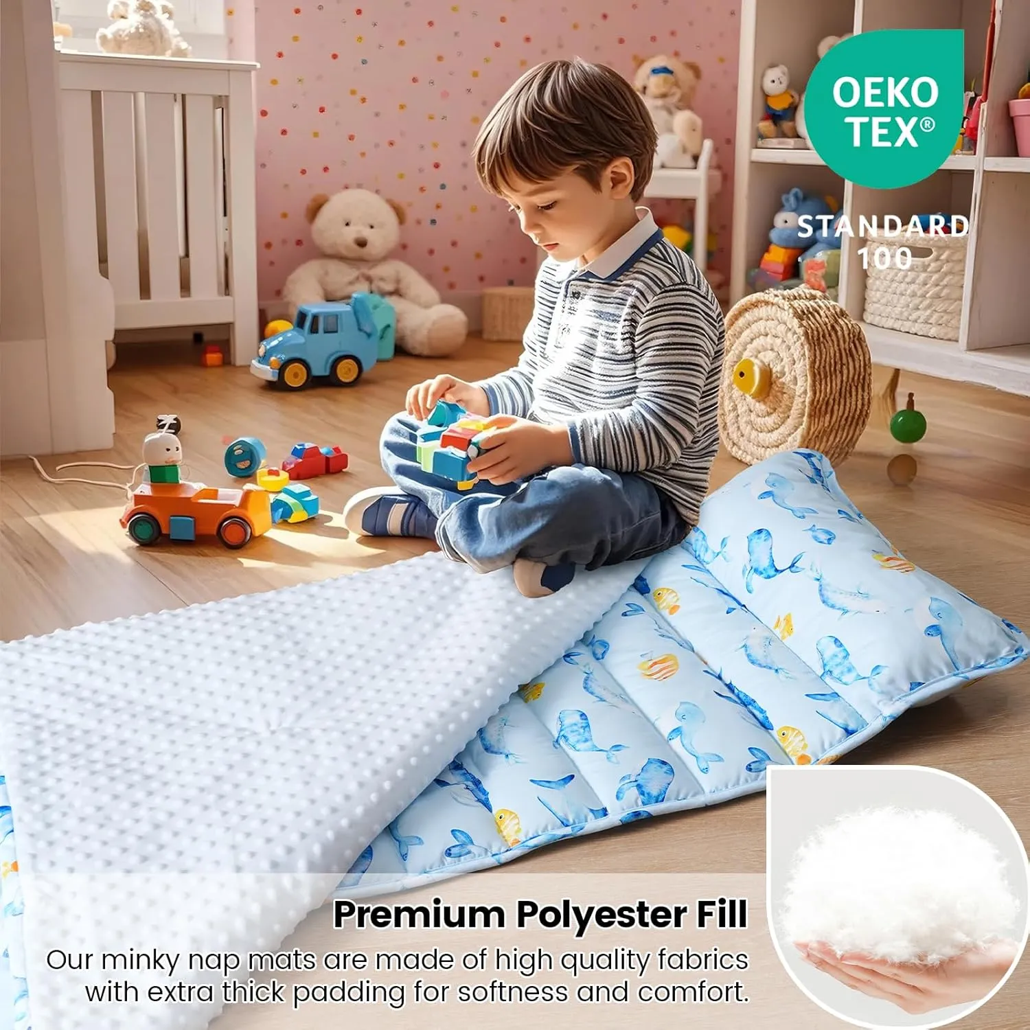 david's kids Toddler Nap Mat with Removable Pillow and Minky Fleece Blanket, Ultra Soft Slumber Bags for Boys, Perfect for Preschool, Daycare, Kids Sleeping Bags with Rollup Design, 50"x20", Whale