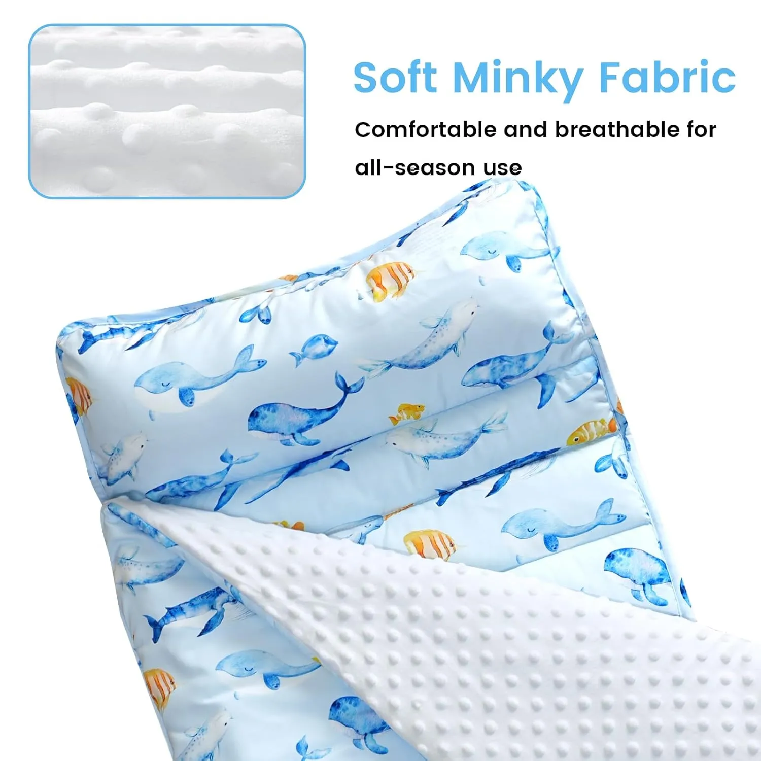 david's kids Toddler Nap Mat with Removable Pillow and Minky Fleece Blanket, Ultra Soft Slumber Bags for Boys, Perfect for Preschool, Daycare, Kids Sleeping Bags with Rollup Design, 50"x20", Whale