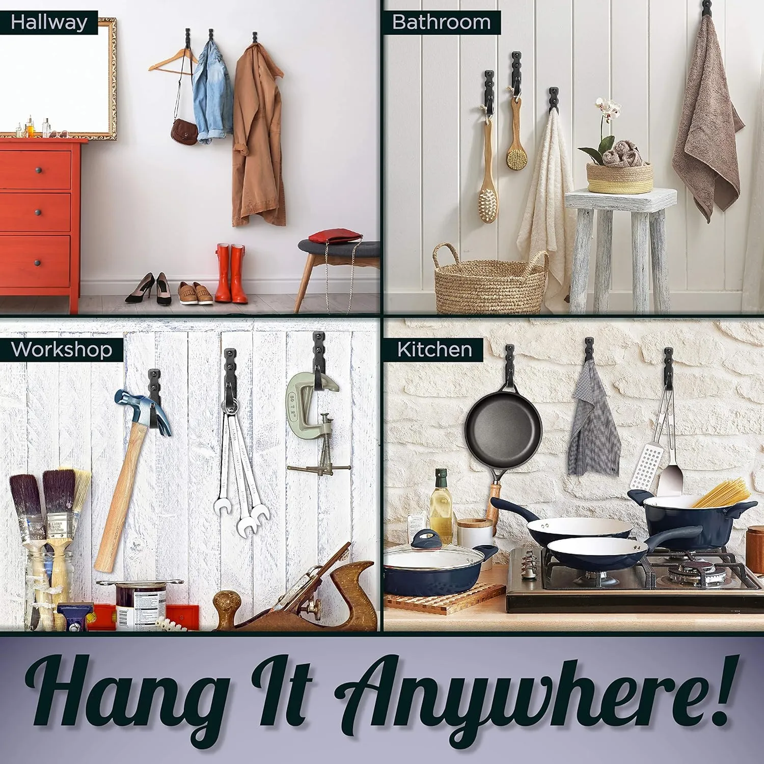 Decorative Hooks for Wall - Wall Hooks for Hanging Coats, Hats & Bags, Versatile Towel Hooks for Bathrooms or Kitchen - Wrought Iron Hanging Hooks - Pack of 5, Black - 3.3 x 2 x 0.8 Inches