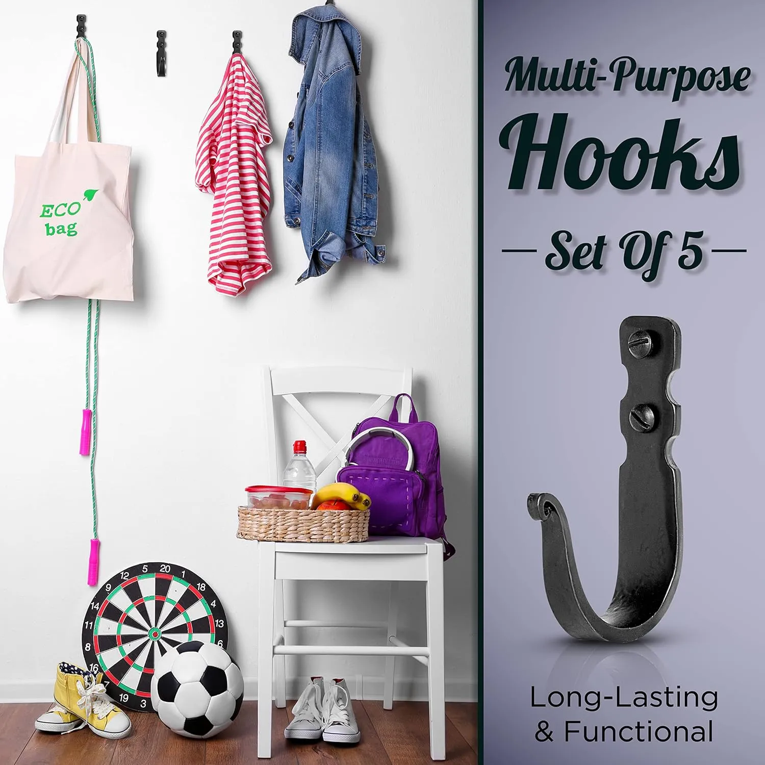 Decorative Hooks for Wall - Wall Hooks for Hanging Coats, Hats & Bags, Versatile Towel Hooks for Bathrooms or Kitchen - Wrought Iron Hanging Hooks - Pack of 5, Black - 3.3 x 2 x 0.8 Inches