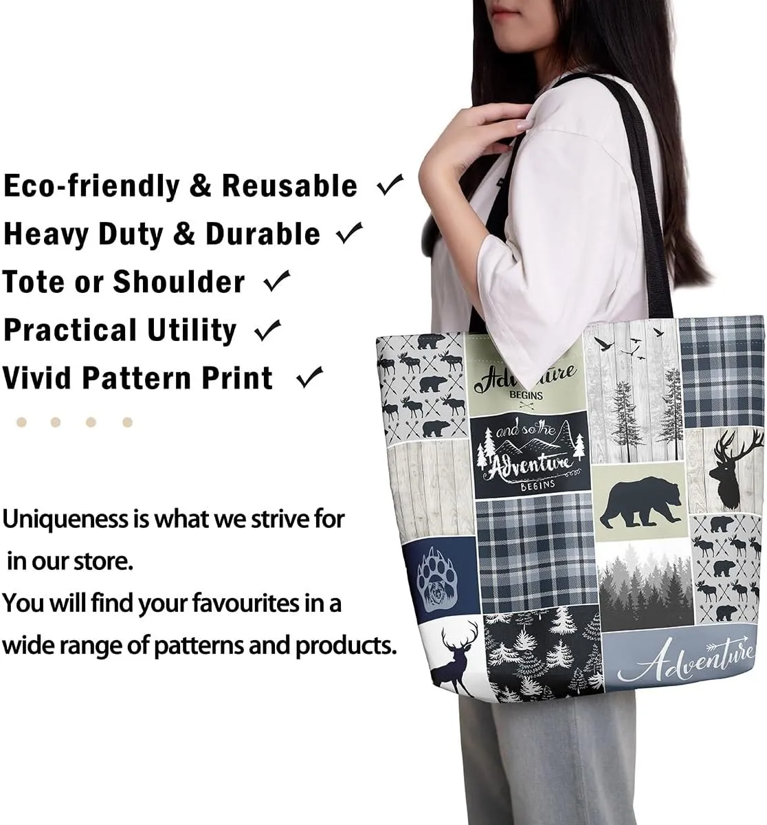 Deer Bear Canvas Tote Bag, Rustic Farmhouse Tote Bag Cabin Wildlife Shopping Grocery Bags