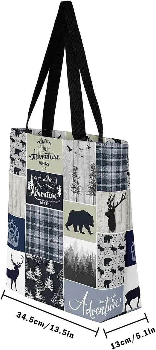 Deer Bear Canvas Tote Bag, Rustic Farmhouse Tote Bag Cabin Wildlife Shopping Grocery Bags