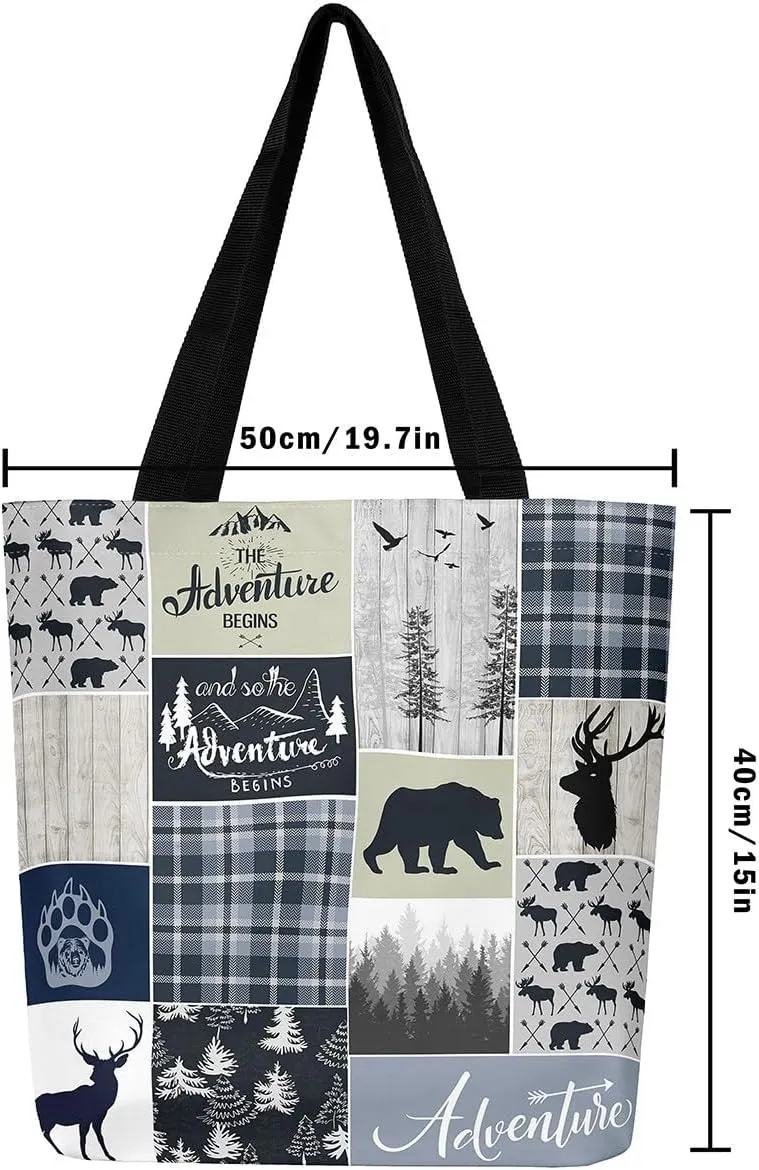Deer Bear Canvas Tote Bag, Rustic Farmhouse Tote Bag Cabin Wildlife Shopping Grocery Bags