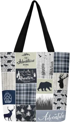 Deer Bear Canvas Tote Bag, Rustic Farmhouse Tote Bag Cabin Wildlife Shopping Grocery Bags