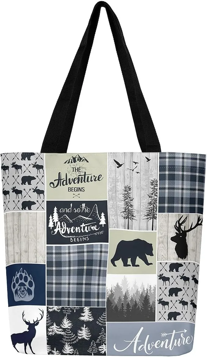 Deer Bear Canvas Tote Bag, Rustic Farmhouse Tote Bag Cabin Wildlife Shopping Grocery Bags