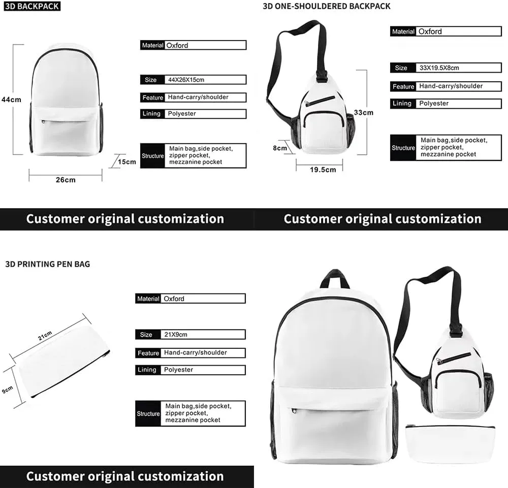 Destroy Lonely Backpack Three-piece Sets Casual Oxford Cloth Travel Bag Unisex Stylish Shoulder Bags (YM8997A06,One size)