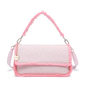 Diagonal woven flap shoulder bag with faux fur trim and charm detail wholesale