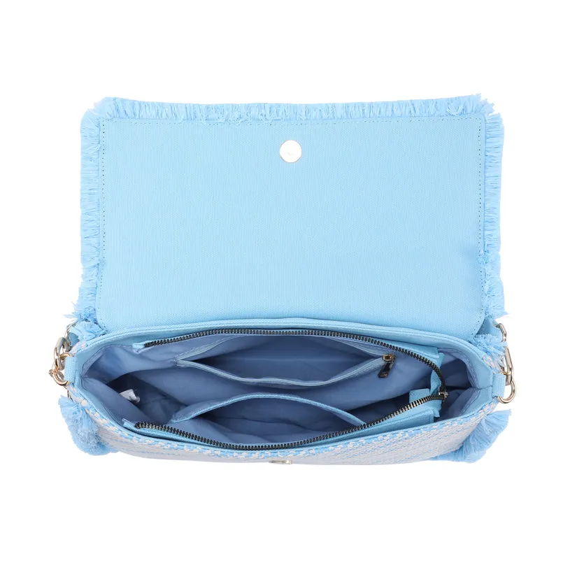 Diagonal woven flap shoulder bag with faux fur trim and charm detail wholesale