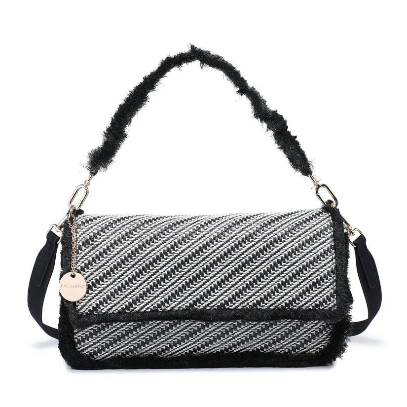 Diagonal woven flap shoulder bag with faux fur trim and charm detail wholesale