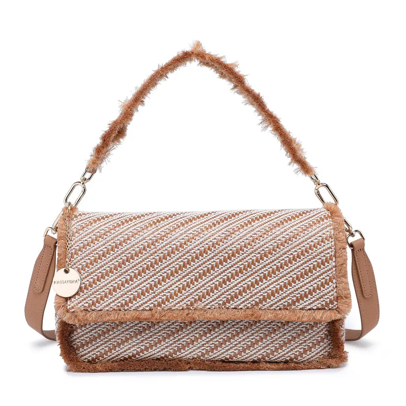 Diagonal woven flap shoulder bag with faux fur trim and charm detail wholesale