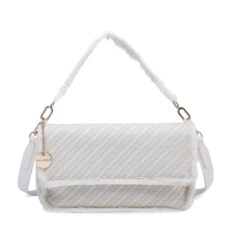 Diagonal woven flap shoulder bag with faux fur trim and charm detail wholesale