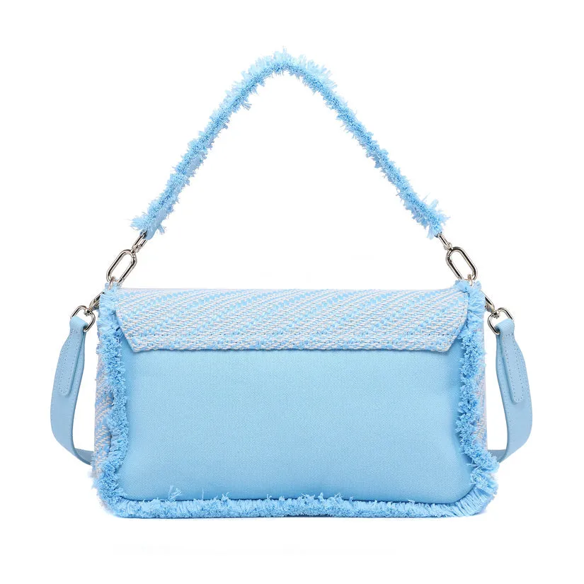 Diagonal woven flap shoulder bag with faux fur trim and charm detail wholesale