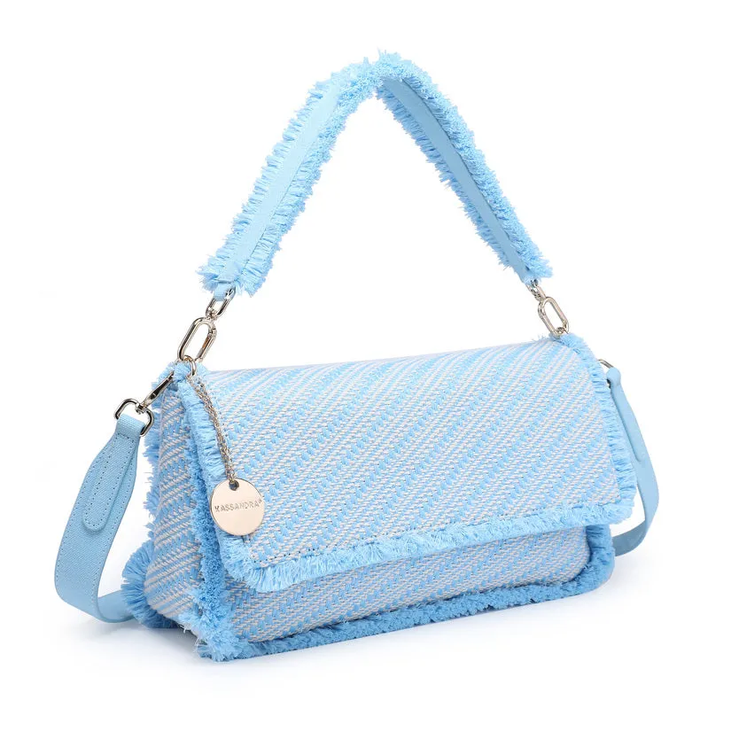 Diagonal woven flap shoulder bag with faux fur trim and charm detail wholesale