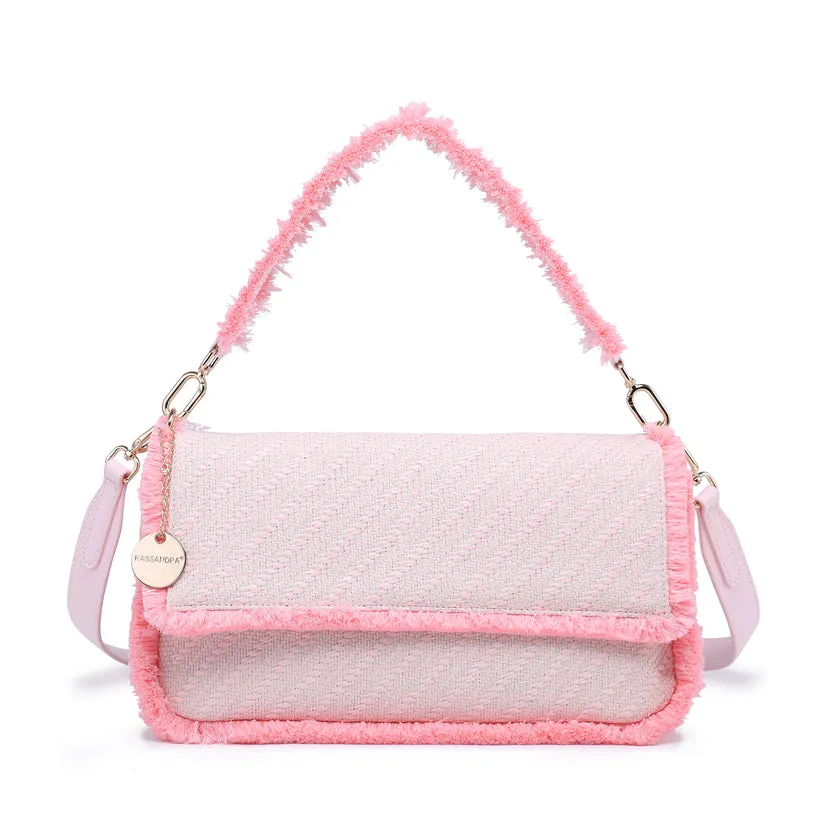 Diagonal woven flap shoulder bag with faux fur trim and charm detail wholesale