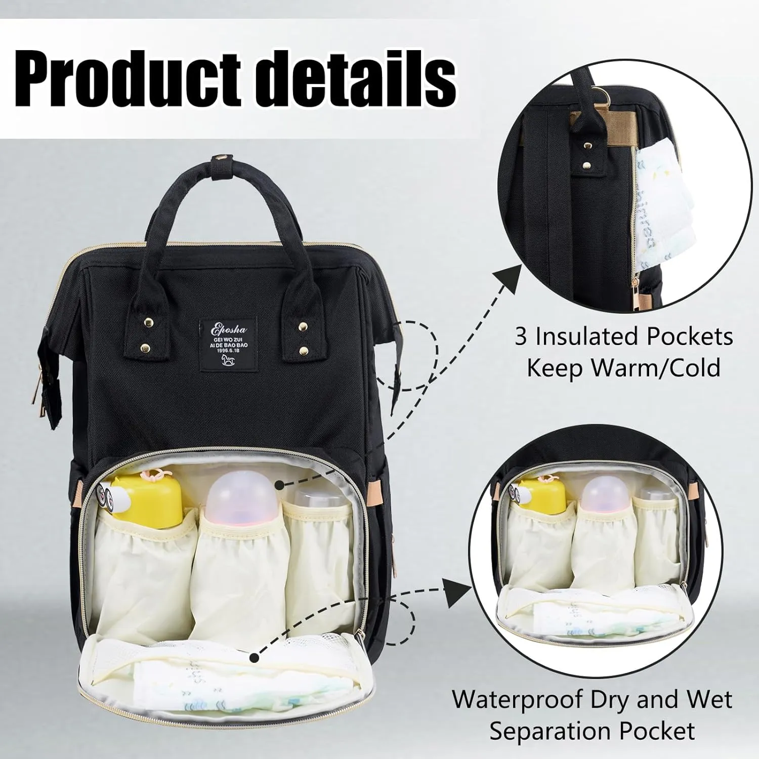 Diaper Bag Backpack Multifunction Large Bags with Changing Pad & Stroller Straps Pacifier Case Unisex(Black)