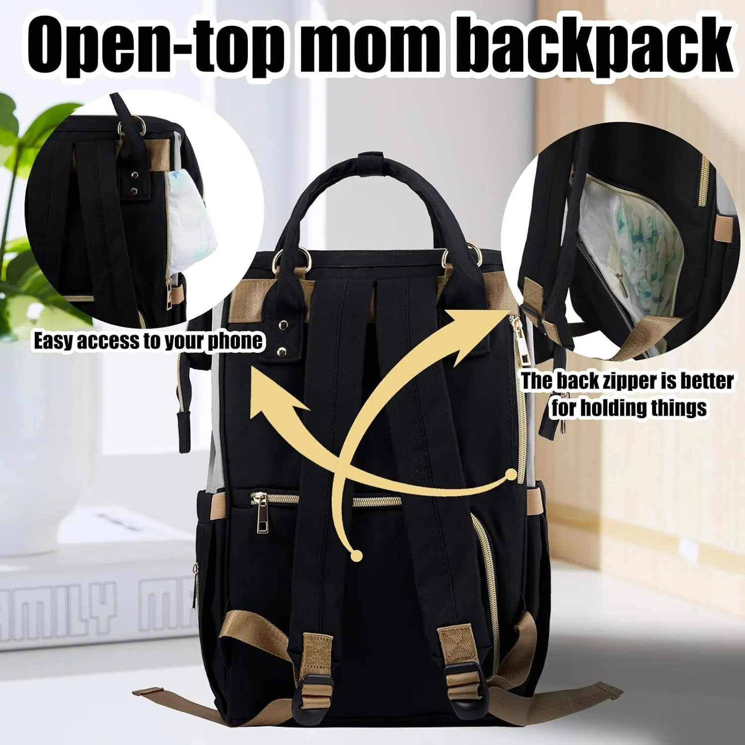 Diaper Bag Backpack Multifunction Large Bags with Changing Pad & Stroller Straps Pacifier Case Unisex(Black)