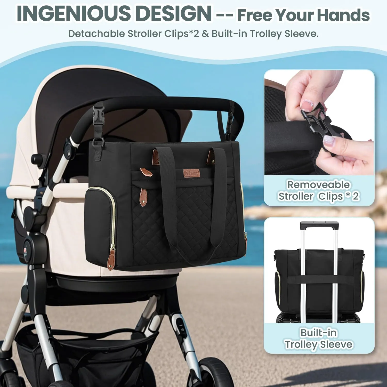 Diaper Bag Tote for Working Mom, Large Travel Diaper Tote for Mom and Dad with 15 Inch Laptop Sleeve, Mommy Maternity Travel Baby Bag for Boys and Girls, Black