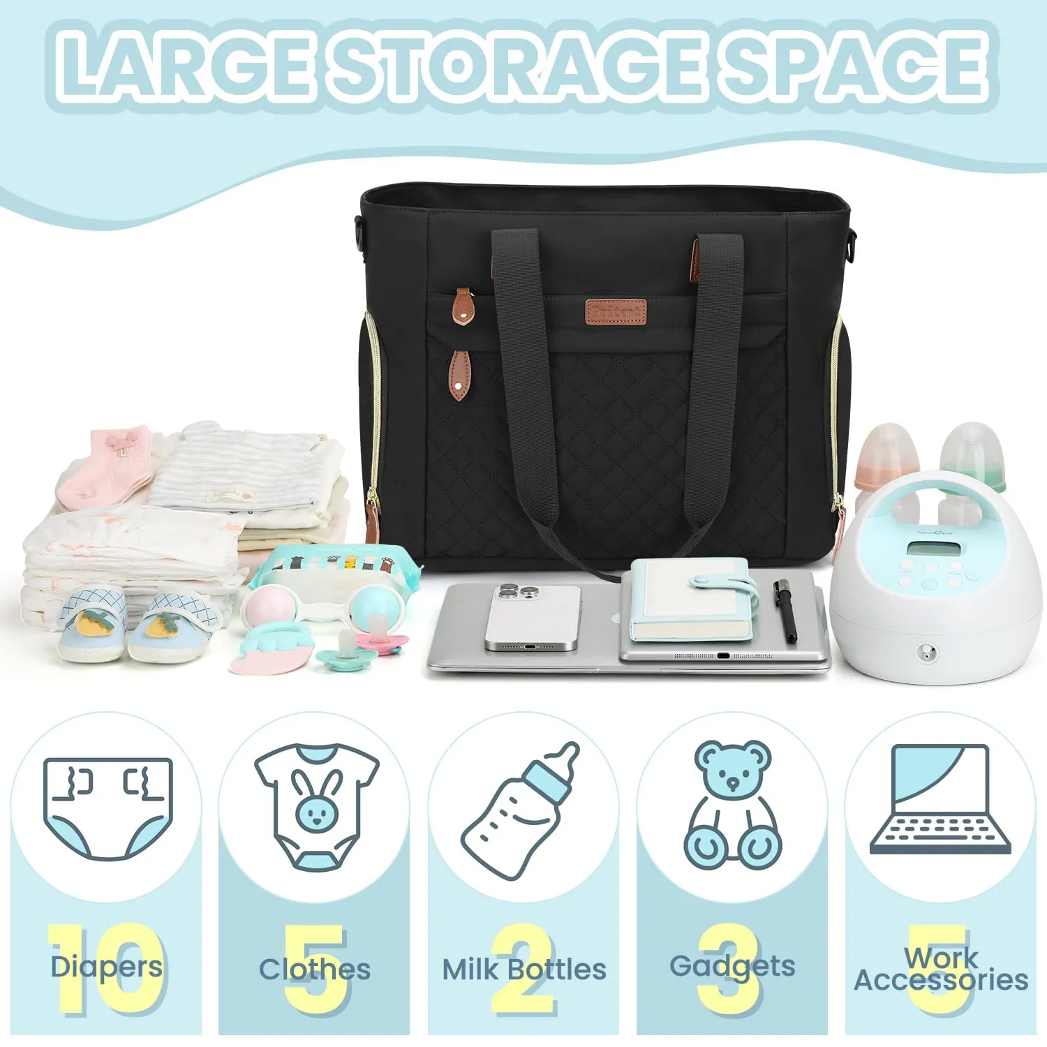 Diaper Bag Tote for Working Mom, Large Travel Diaper Tote for Mom and Dad with 15 Inch Laptop Sleeve, Mommy Maternity Travel Baby Bag for Boys and Girls, Black