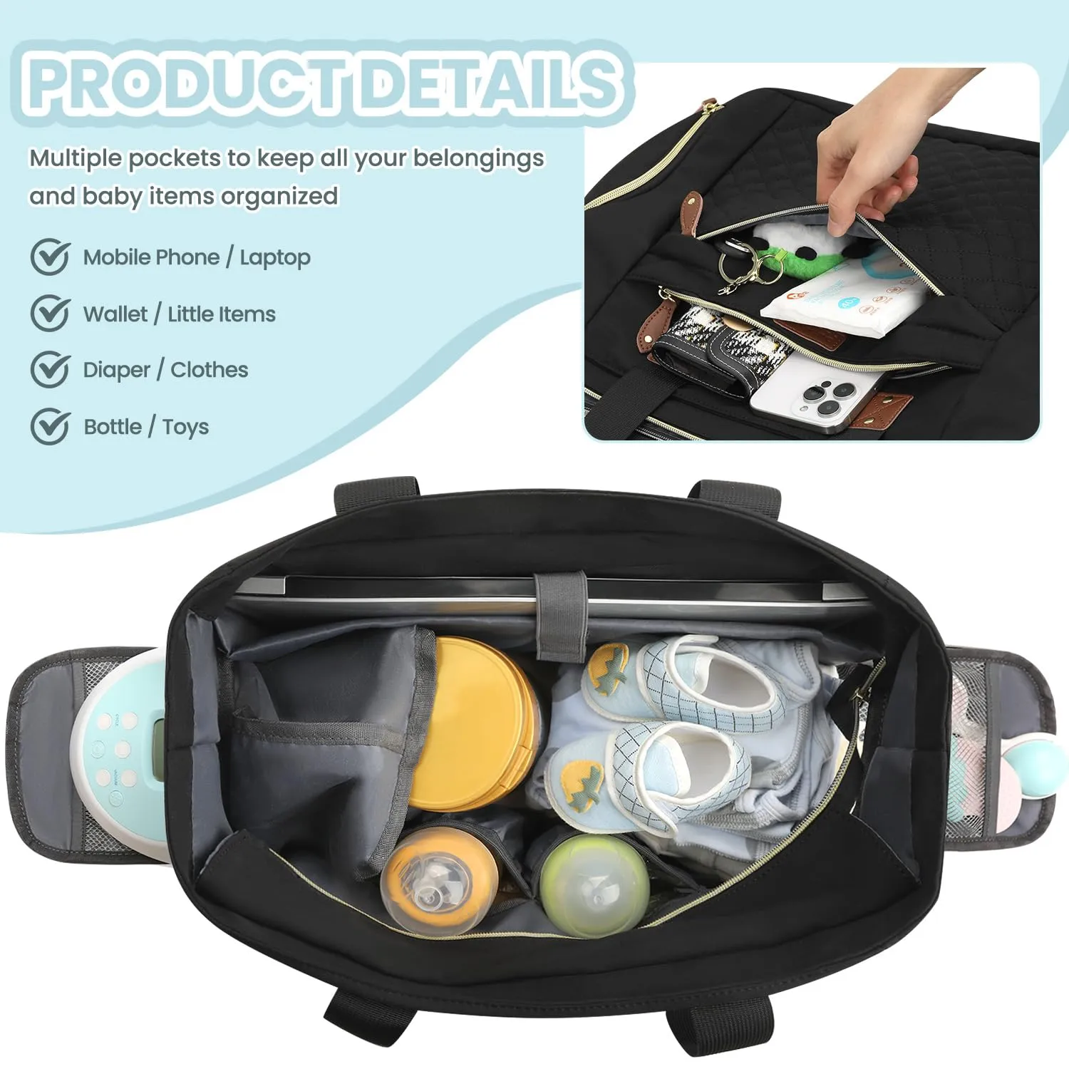Diaper Bag Tote for Working Mom, Large Travel Diaper Tote for Mom and Dad with 15 Inch Laptop Sleeve, Mommy Maternity Travel Baby Bag for Boys and Girls, Black