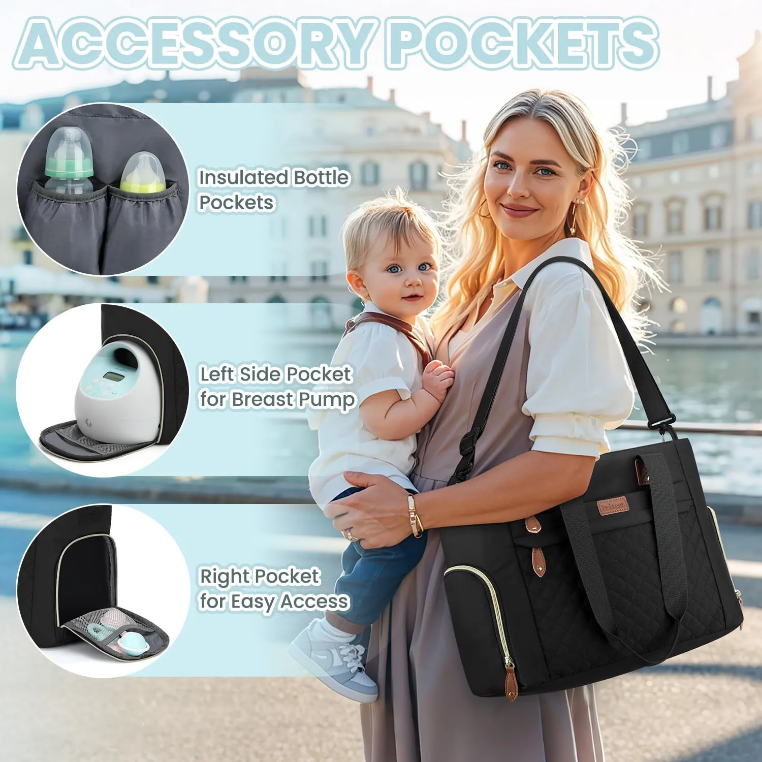 Diaper Bag Tote for Working Mom, Large Travel Diaper Tote for Mom and Dad with 15 Inch Laptop Sleeve, Mommy Maternity Travel Baby Bag for Boys and Girls, Black