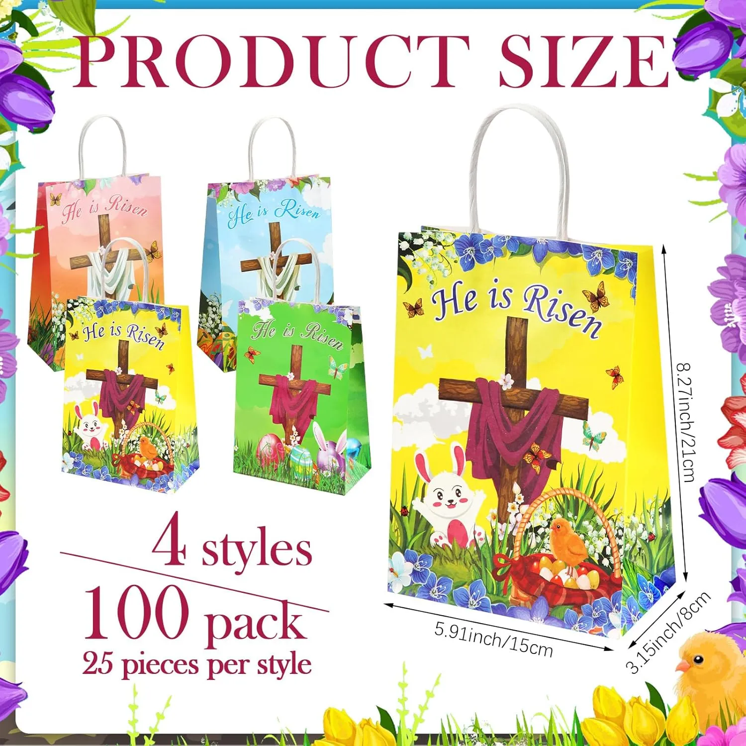 Dinifee 100 Pcs Easter Treat Bags He Is Risen Easter Religious Gifts Goodie Bags with Handles for Kids Egg Hunts Party Favor Supplies