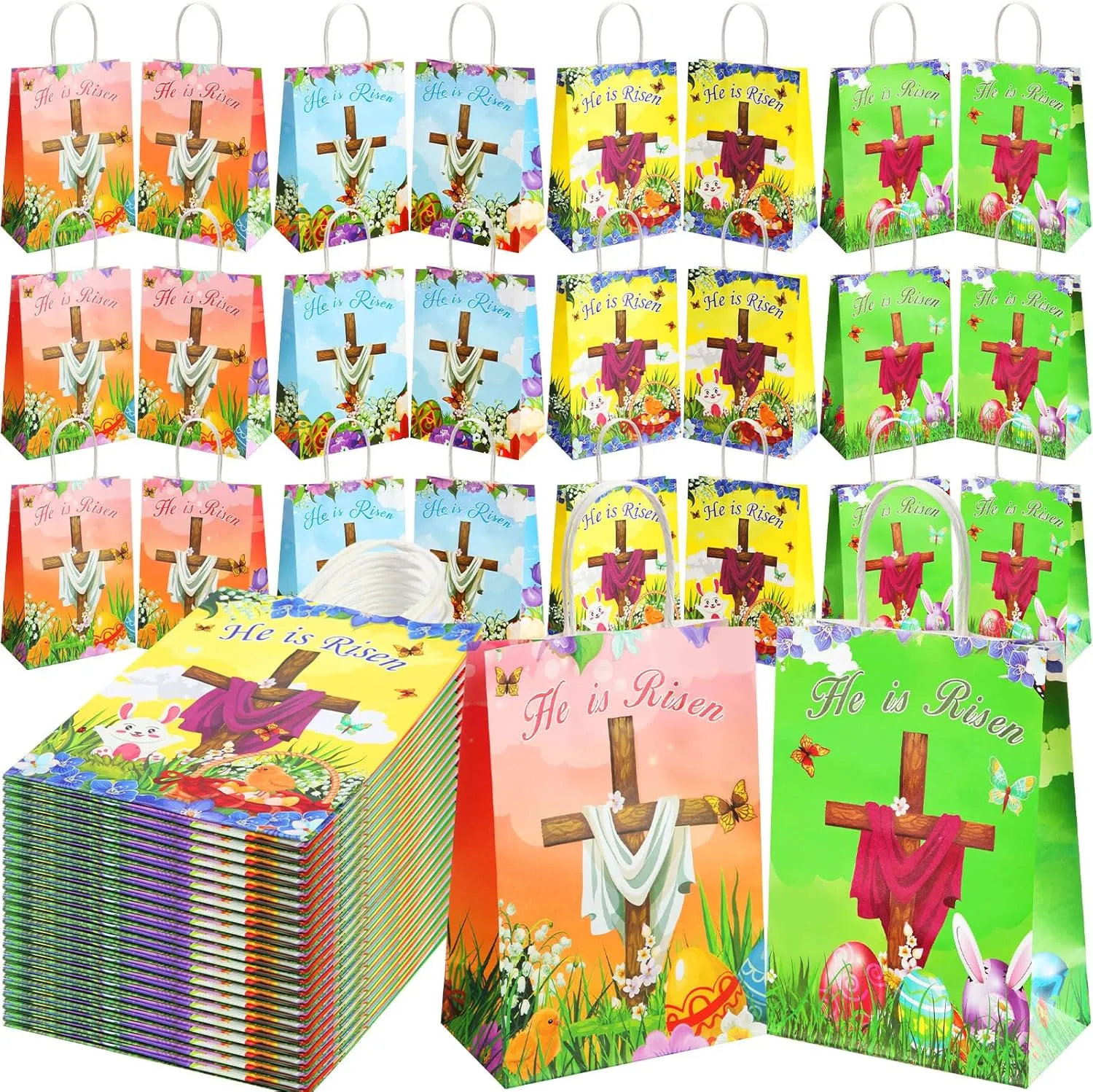 Dinifee 100 Pcs Easter Treat Bags He Is Risen Easter Religious Gifts Goodie Bags with Handles for Kids Egg Hunts Party Favor Supplies