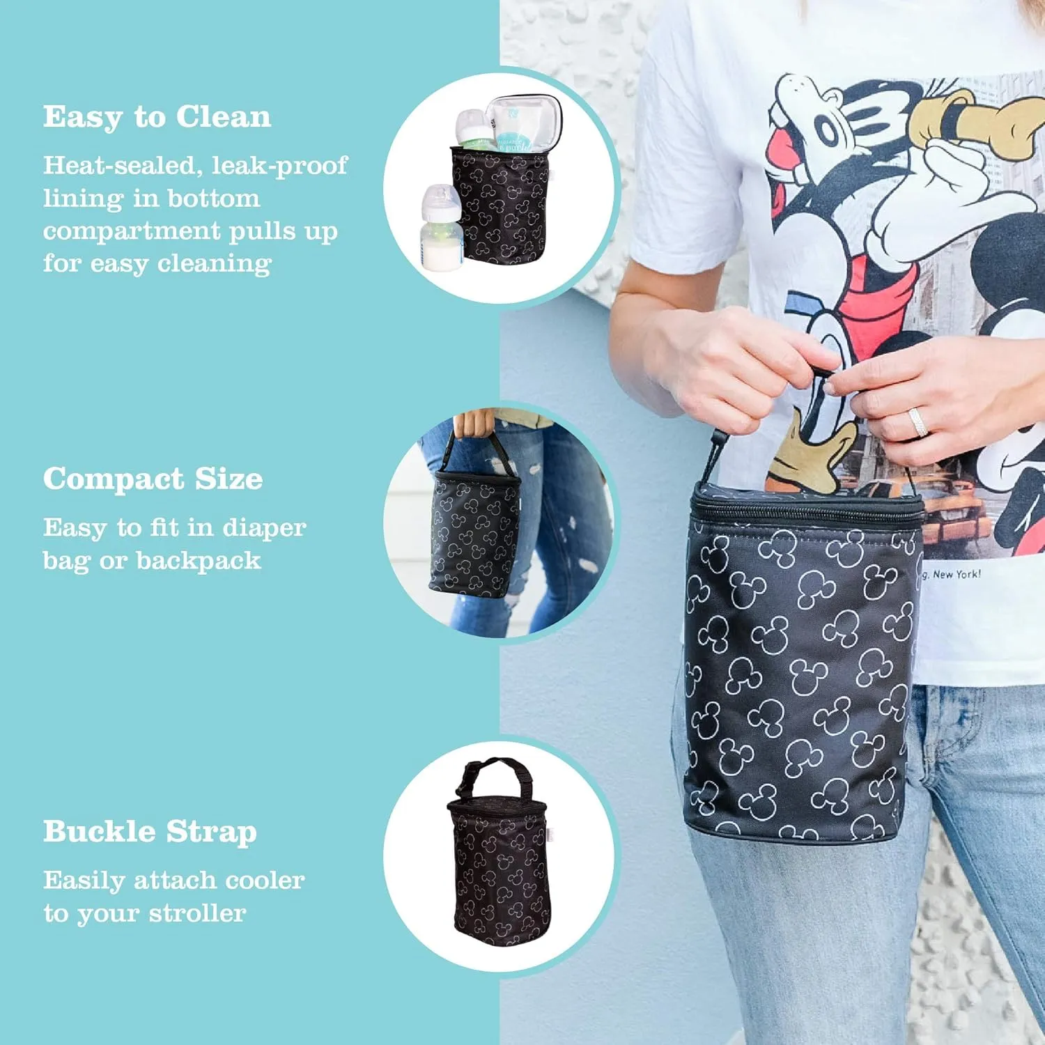 Disney Baby by J.L. Childress TwoCOOL Breastmilk Cooler - Double Baby Bottle & Food Bag - Ice Pack Included - Fits 2-4 Bottles - Insulated & Leak Proof Bottle Bag - Mickey Black