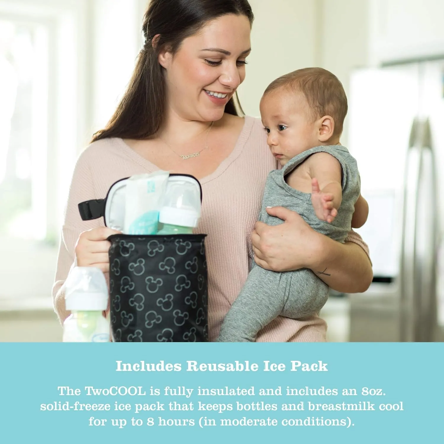 Disney Baby by J.L. Childress TwoCOOL Breastmilk Cooler - Double Baby Bottle & Food Bag - Ice Pack Included - Fits 2-4 Bottles - Insulated & Leak Proof Bottle Bag - Mickey Black