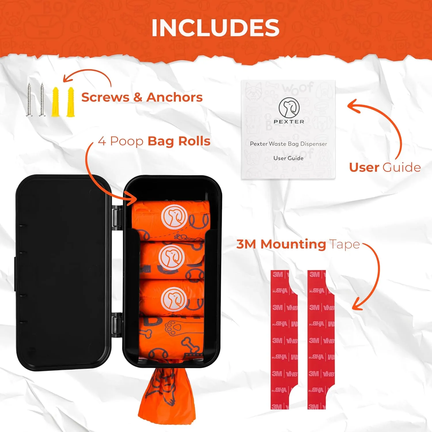 Dog Poop Bag Dispenser - Outdoor or Indoor Pet Waste Bag Dispenser Station - Stick-On or Screw-On Wall Mount - Poop Bags Storage Outdoor Container - Includes 4 Doggie Bag Rolls (Black)