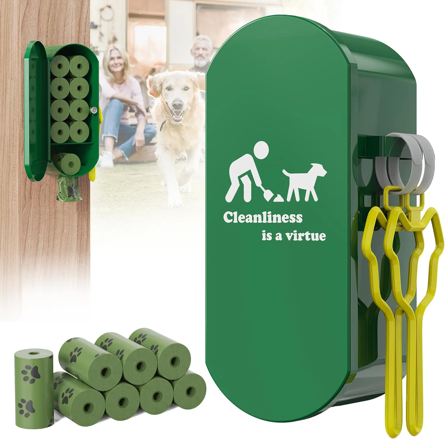 Dog Poop Bag Dispenser Wall Mount with 2Pcs Holders and 8 Rolls of Waste Bag,Magnetic Door Closure,Metal, Corrosion-resistant,High capacity,Suitable for Outdoor, Indoor, Raising Puppies,Green
