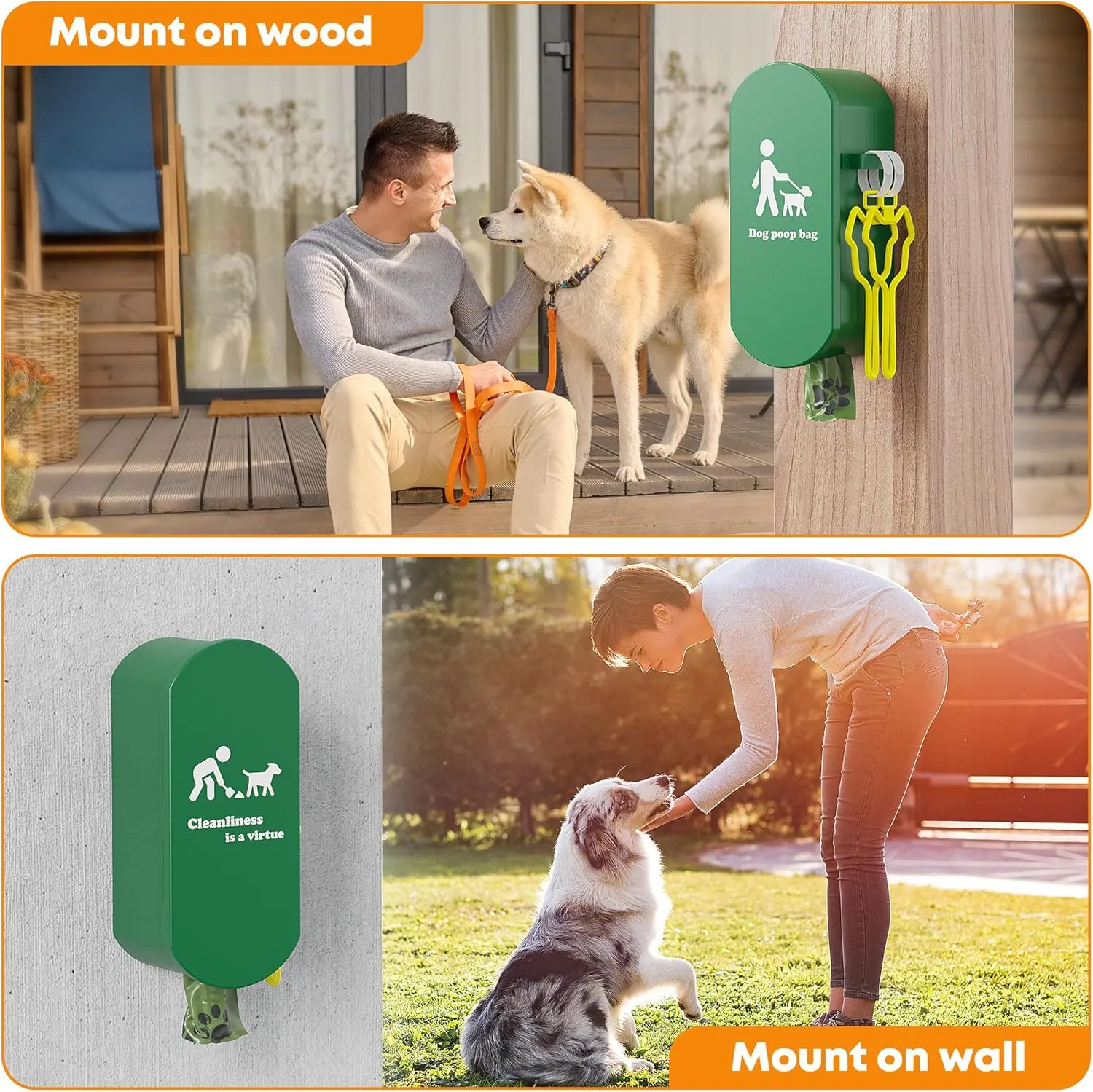 Dog Poop Bag Dispenser Wall Mount with 2Pcs Holders and 8 Rolls of Waste Bag,Magnetic Door Closure,Metal, Corrosion-resistant,High capacity,Suitable for Outdoor, Indoor, Raising Puppies,Green