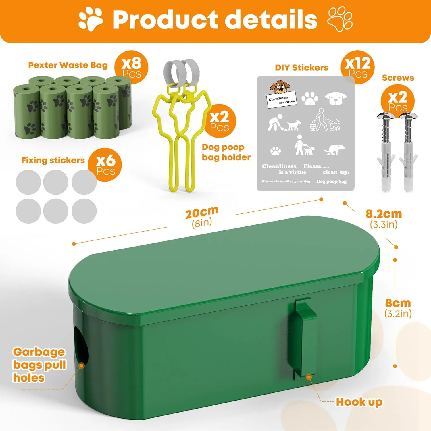 Dog Poop Bag Dispenser Wall Mount with 2Pcs Holders and 8 Rolls of Waste Bag,Magnetic Door Closure,Metal, Corrosion-resistant,High capacity,Suitable for Outdoor, Indoor, Raising Puppies,Green