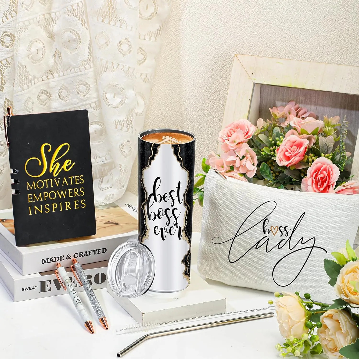 Domensi 6 Pcs Best Boss Gift Set Thank You for Women Lady Appreciation Day Gift 20oz Rustic Marble Sign Tumbler Makeup Bag A6 Notepad with Ballpoints Boss Day Office Leader Graduation(Black)