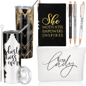 Domensi 6 Pcs Best Boss Gift Set Thank You for Women Lady Appreciation Day Gift 20oz Rustic Marble Sign Tumbler Makeup Bag A6 Notepad with Ballpoints Boss Day Office Leader Graduation(Black)