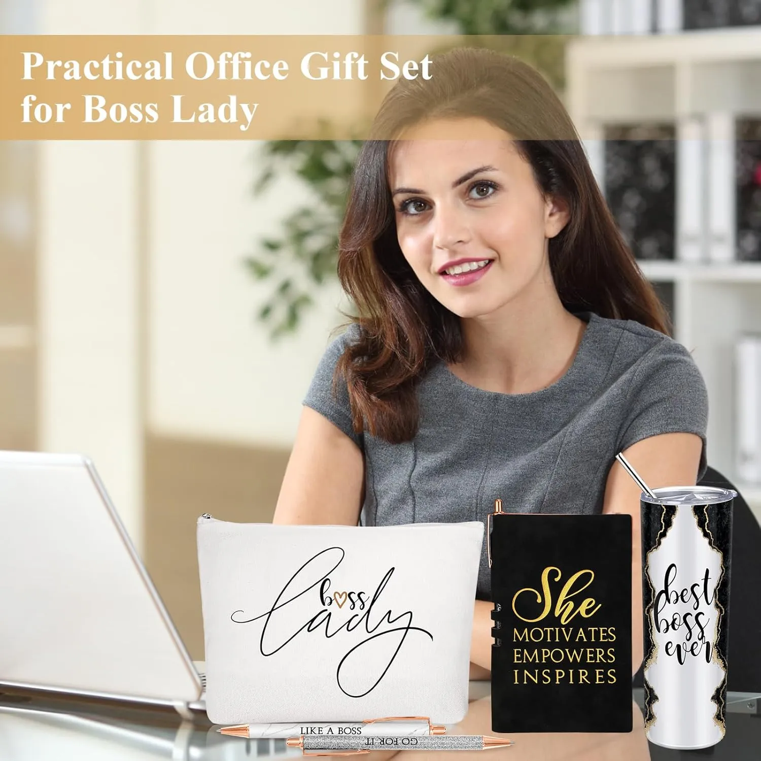 Domensi 6 Pcs Best Boss Gift Set Thank You for Women Lady Appreciation Day Gift 20oz Rustic Marble Sign Tumbler Makeup Bag A6 Notepad with Ballpoints Boss Day Office Leader Graduation(Black)