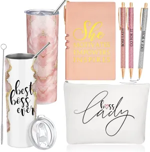 Domensi 6 Pcs Best Boss Gift Set Thank You for Women Lady Appreciation Day Gift 20oz Rustic Marble Sign Tumbler Makeup Bag A6 Notepad with Ballpoints Boss Day Office Leader Graduation(Pink)