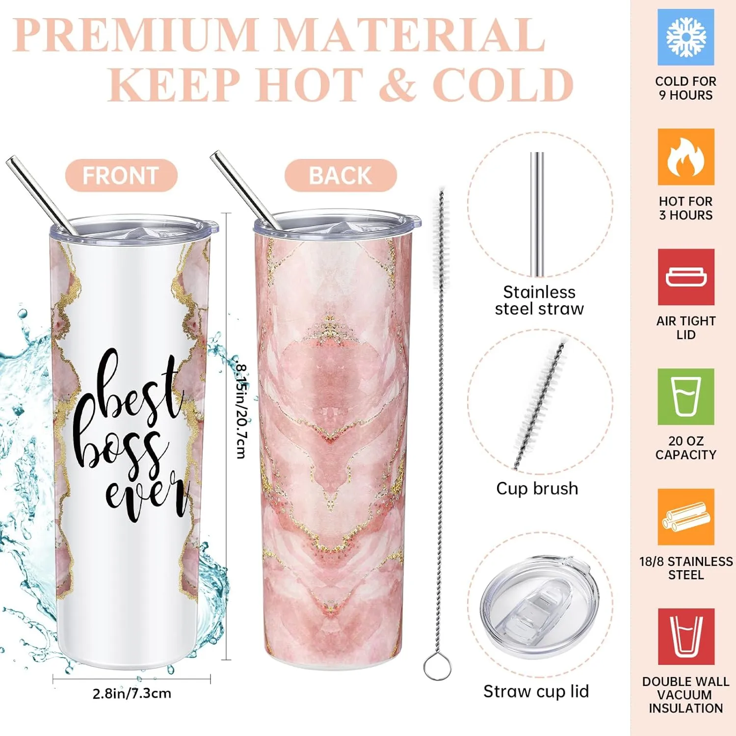 Domensi 6 Pcs Best Boss Gift Set Thank You for Women Lady Appreciation Day Gift 20oz Rustic Marble Sign Tumbler Makeup Bag A6 Notepad with Ballpoints Boss Day Office Leader Graduation(Pink)