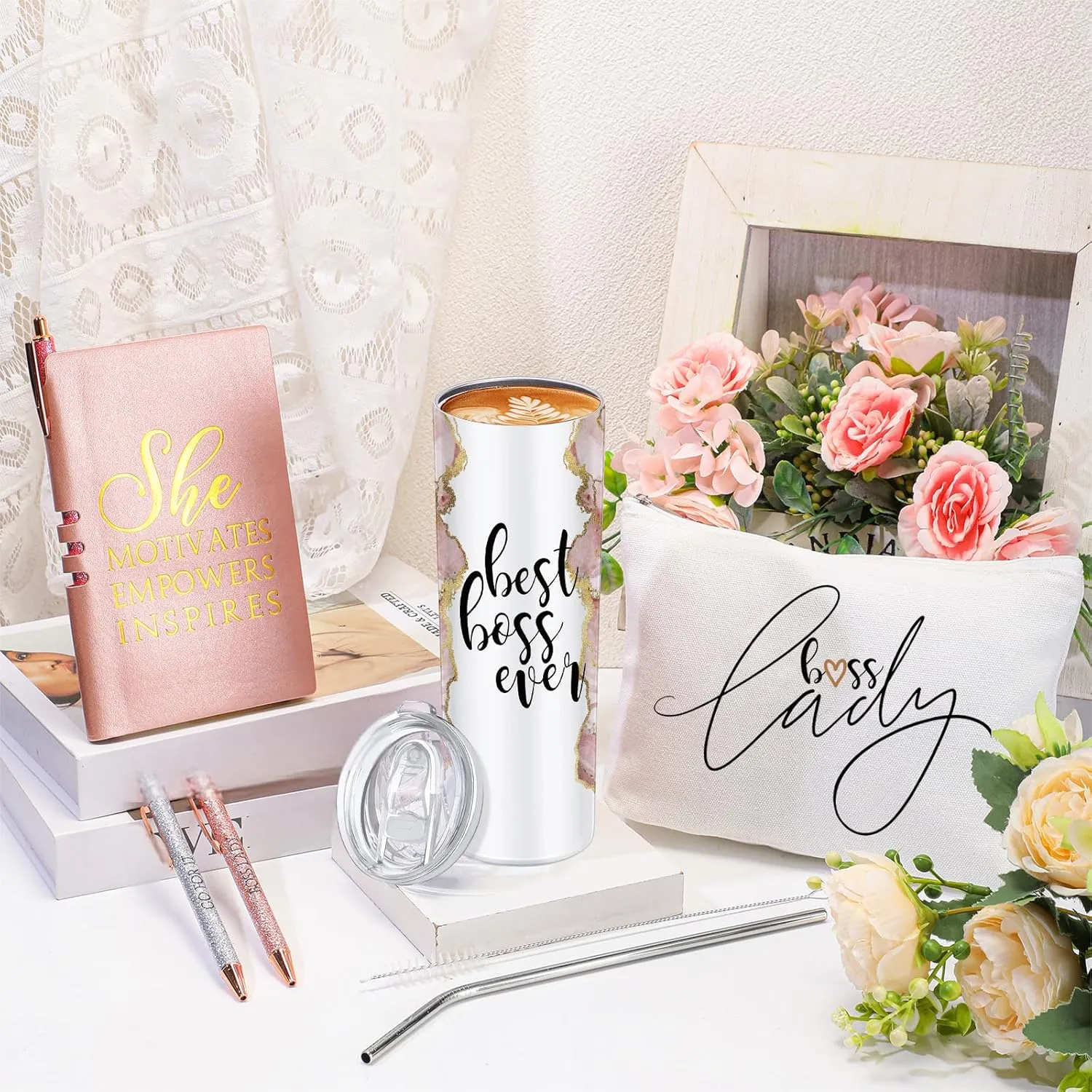 Domensi 6 Pcs Best Boss Gift Set Thank You for Women Lady Appreciation Day Gift 20oz Rustic Marble Sign Tumbler Makeup Bag A6 Notepad with Ballpoints Boss Day Office Leader Graduation(Pink)