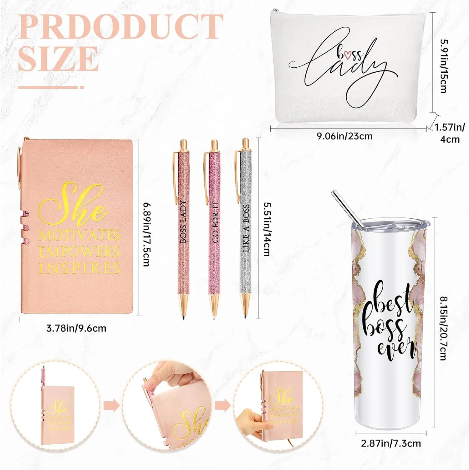 Domensi 6 Pcs Best Boss Gift Set Thank You for Women Lady Appreciation Day Gift 20oz Rustic Marble Sign Tumbler Makeup Bag A6 Notepad with Ballpoints Boss Day Office Leader Graduation(Pink)