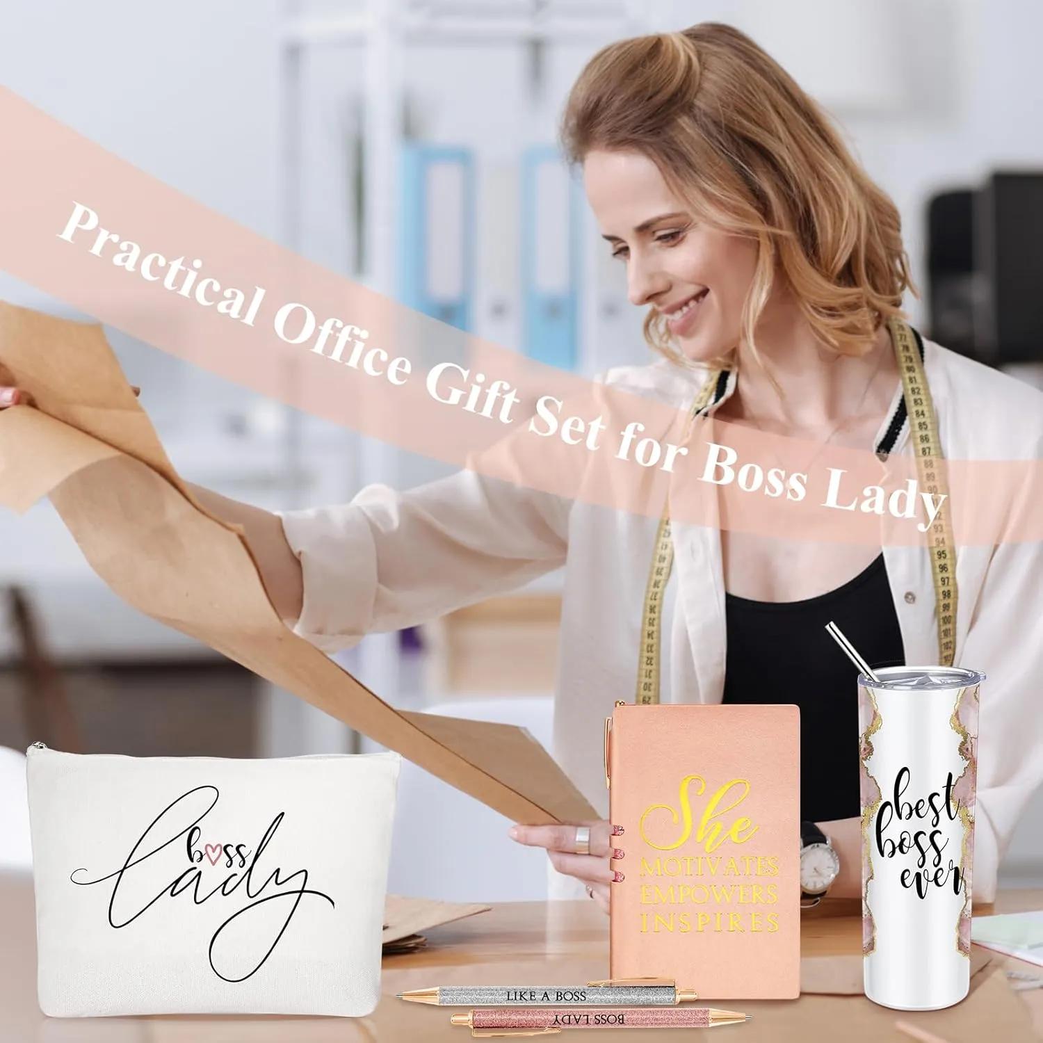 Domensi 6 Pcs Best Boss Gift Set Thank You for Women Lady Appreciation Day Gift 20oz Rustic Marble Sign Tumbler Makeup Bag A6 Notepad with Ballpoints Boss Day Office Leader Graduation(Pink)